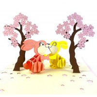Handmade 3D Pop Up Card Two Rabbits Love Sakura Tree, Birthday, Wedding Anniversary, Engagement, Big Day, Valentine's Day, Congratulations, Blank Card